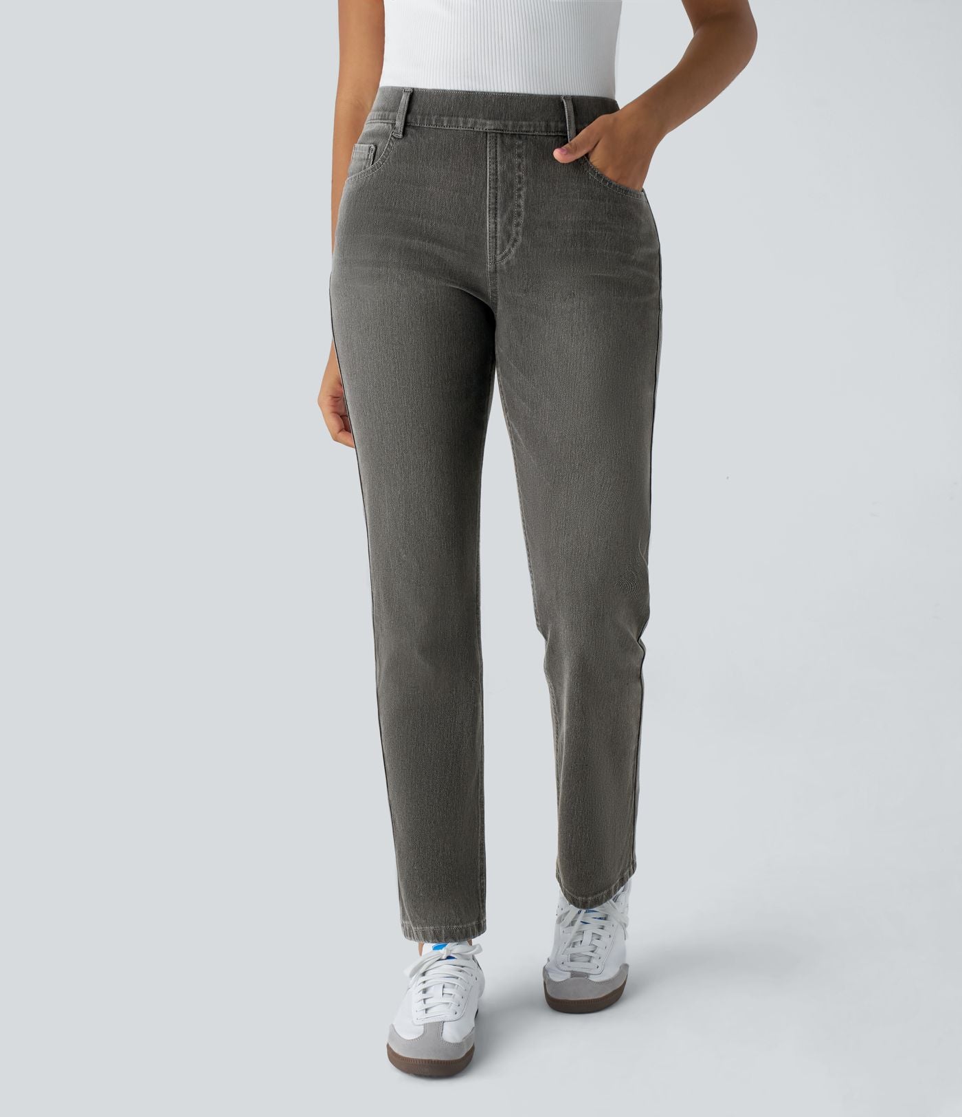 Jean droit Halara Flex™ à taille haute, poches multiples, effet délavé et tissu extensible