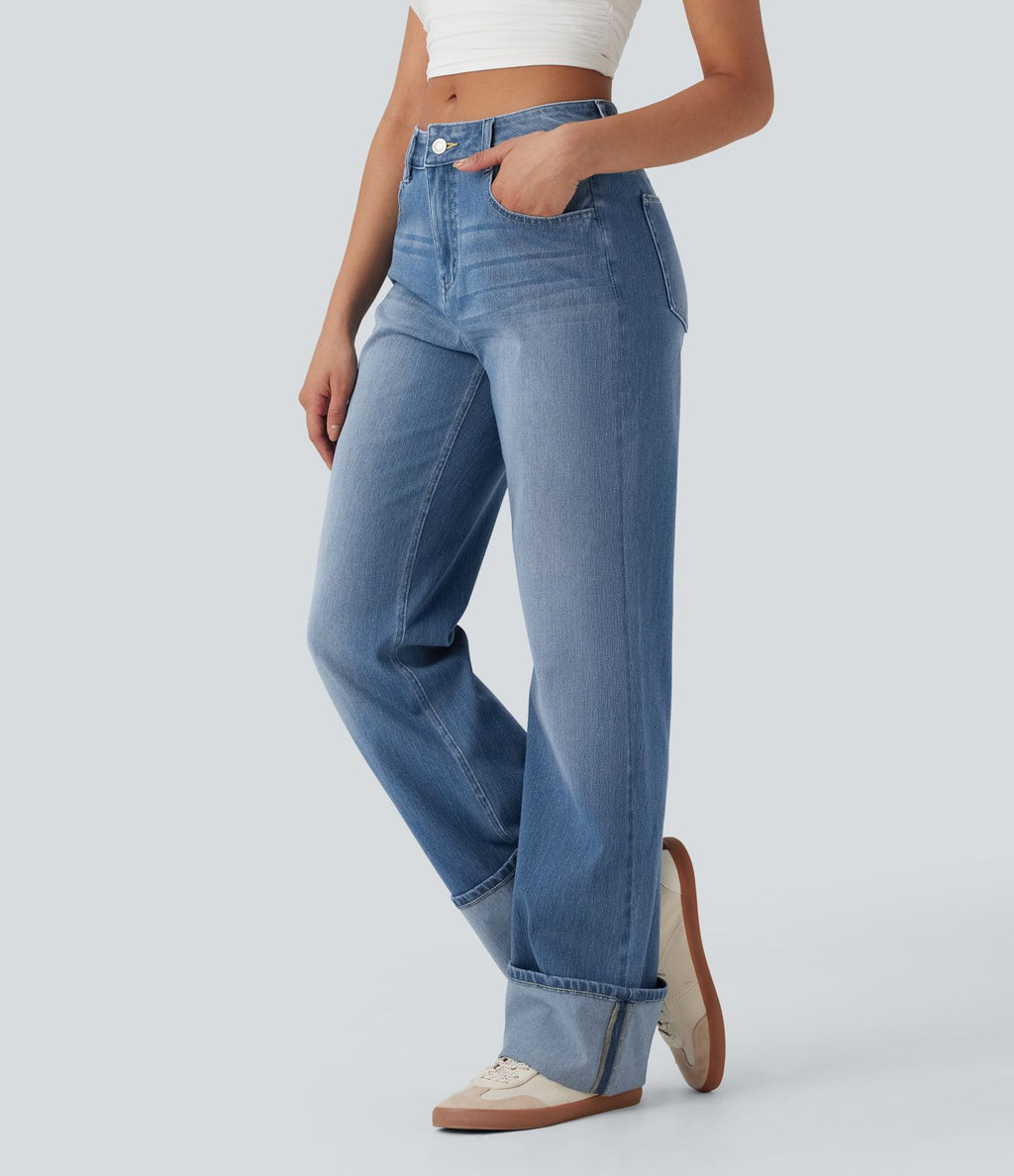 Jean décontracté Halara Flex™ jambe droite taille mi-haute ourlet retroussé avec poches