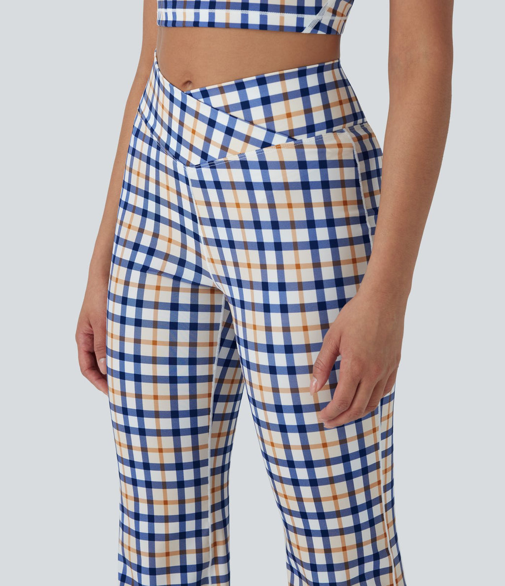 Pantalon évasé de yoga taille haute Cool Touch à motif écossais avec croisement et poche