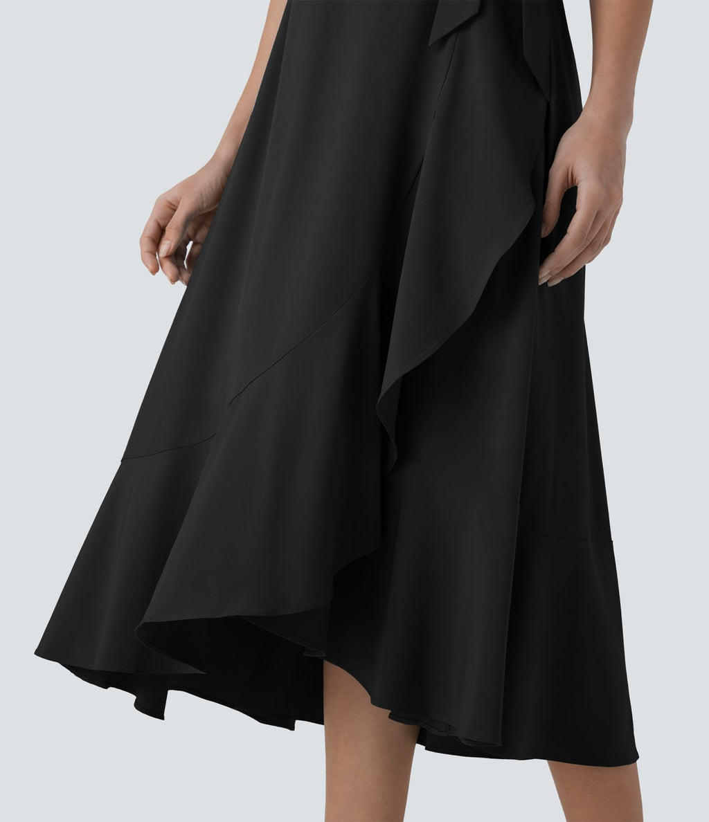 Robe décontractée midi Breezeful™ fluide à col V, manches courtes, design enveloppant, liens sur les côtés, poches latérales, volants et séchage rapide