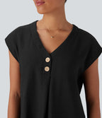 Blouse de Travail Col V Manches Courtes avec Boutons Décoratifs