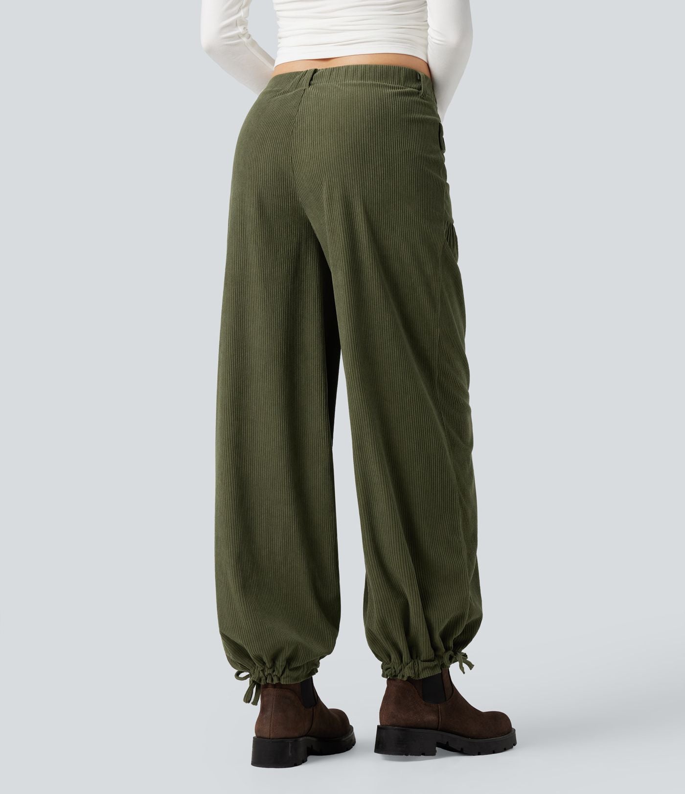 Pantalon décontracté large taille mi-haute en velours côtelé avec poches