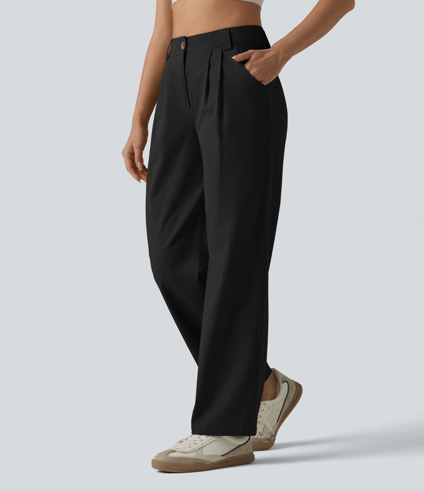 Pantalon chino décontracté en coton, taille haute, plissé, jambe droite, avec poches