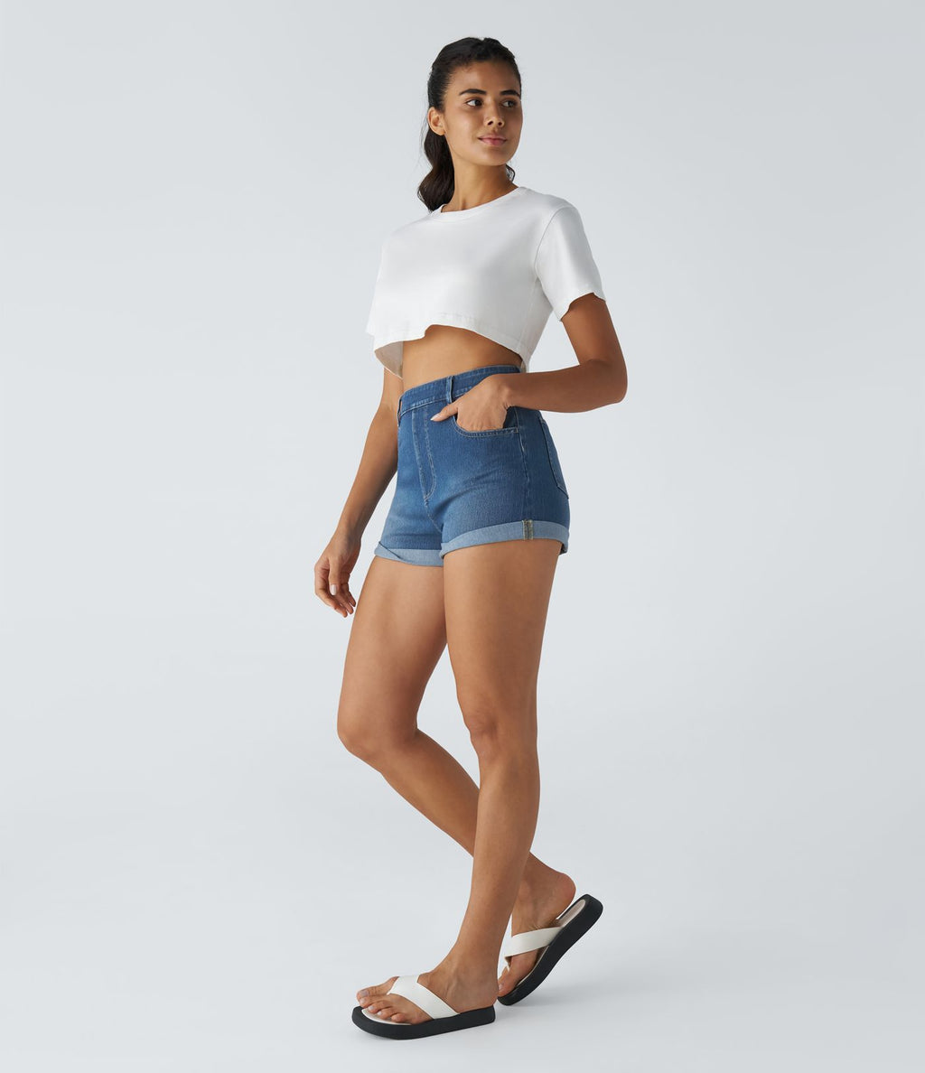 Halara Flex™ Short en Denim Tricot Extensible Lavé à Taille Haute avec Poches Multiples et Ourlet Replié