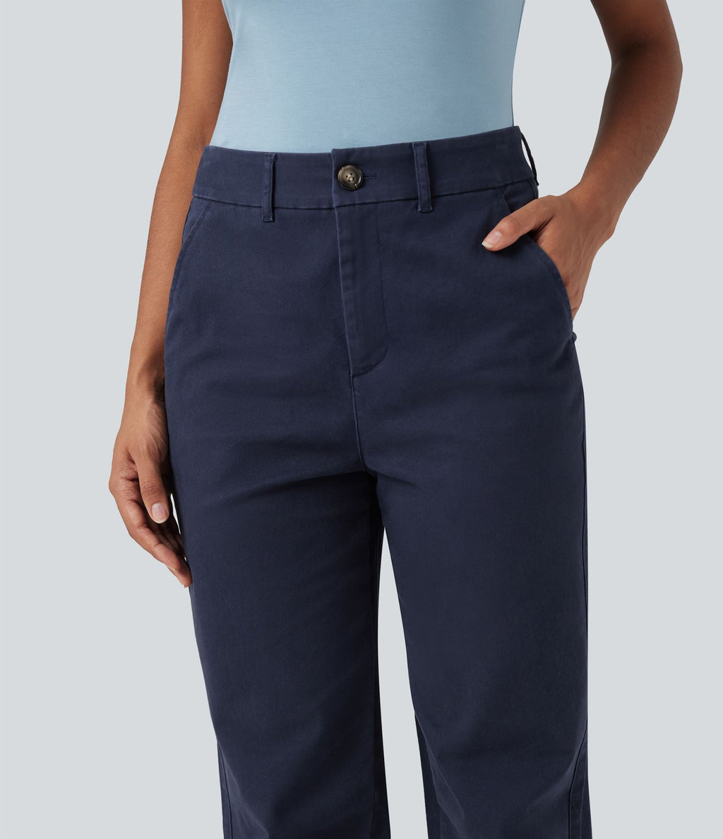 Pantalon coton fuselé taille mi-haute avec poches