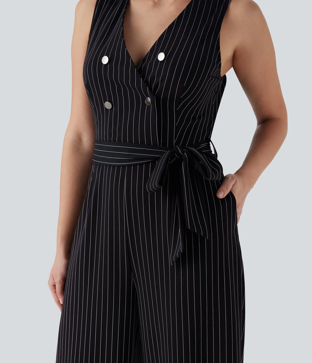 Combinaison tailleur sans manches à col V, ceinturée, avec zip invisible, rayures et effet frais avec poches, accès facile Easy Peasy