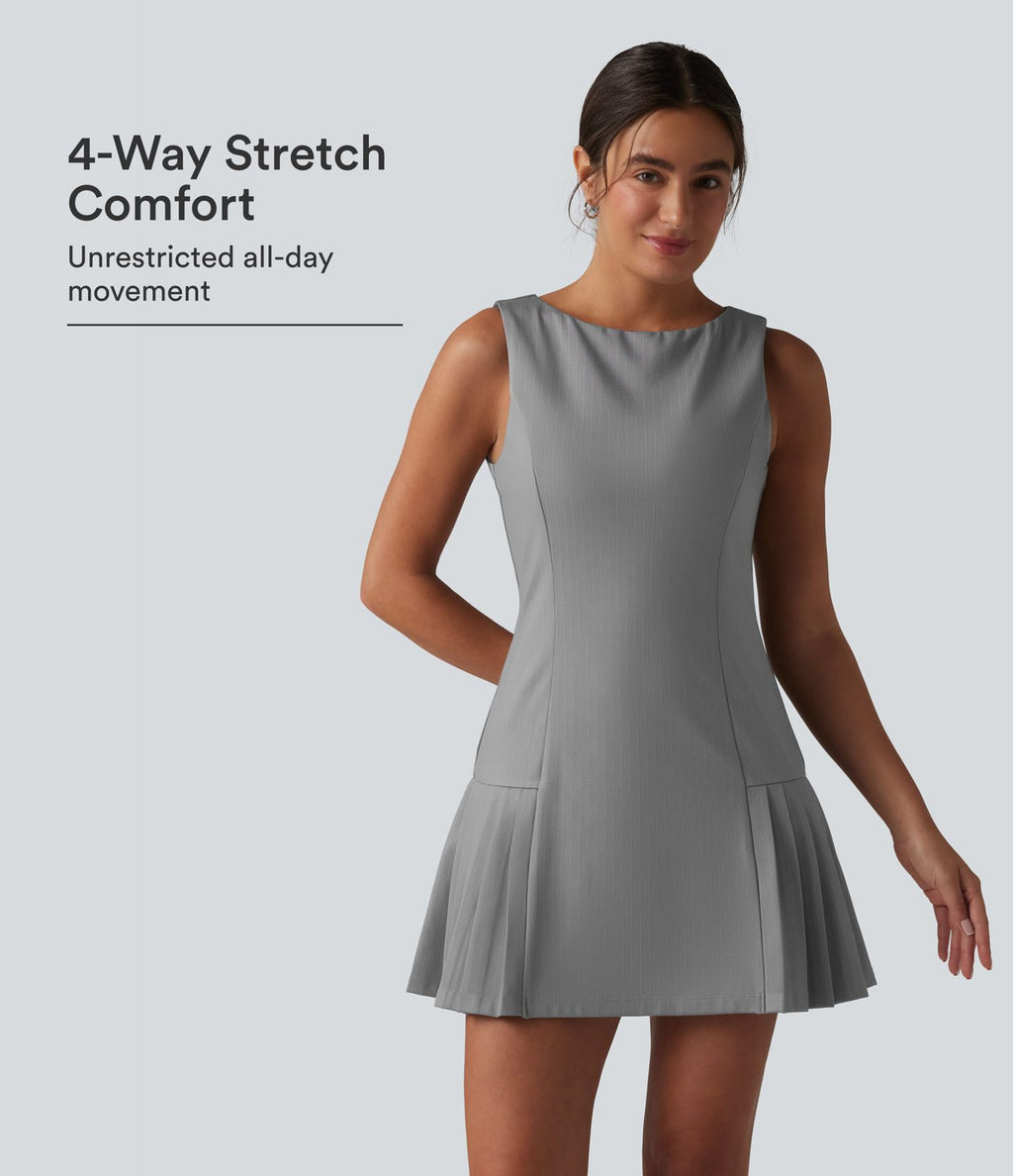 Robe mini habillée col bateau sans manches à rayures et détails plissés