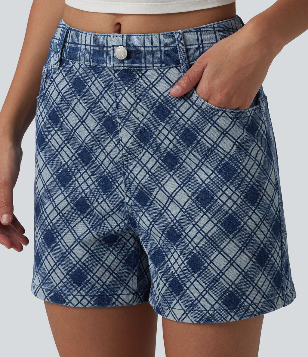 Short décontracté en denim à carreaux Halara Flex™ taille mi-haute 10 cm avec poches