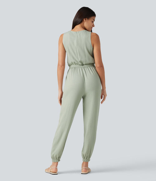 Combinaison casual col rond sans manches avec cordon de serrage, aspect lin et poches