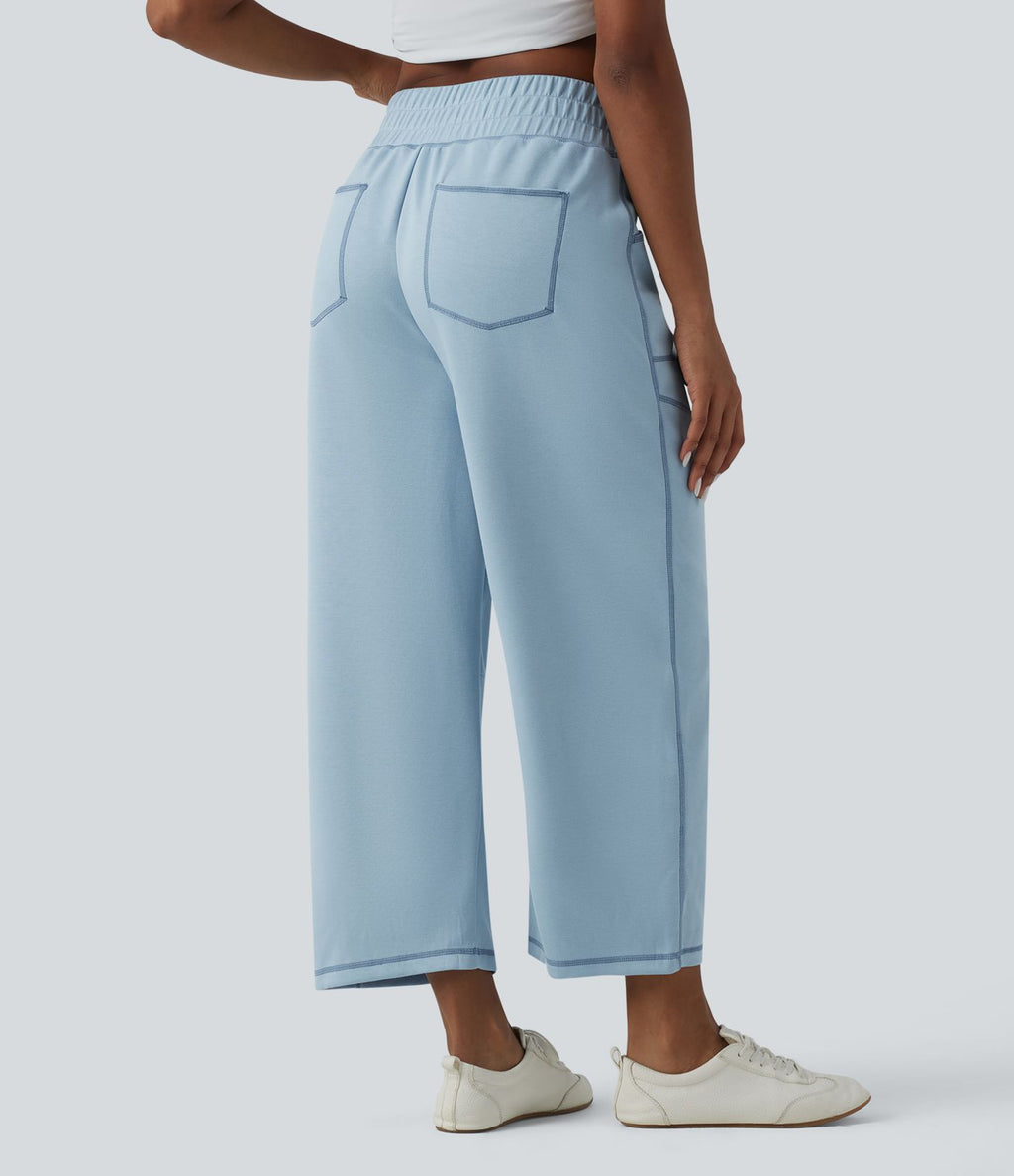 Jogging casual taille haute coupe barrel color block surpiqûres avec poches