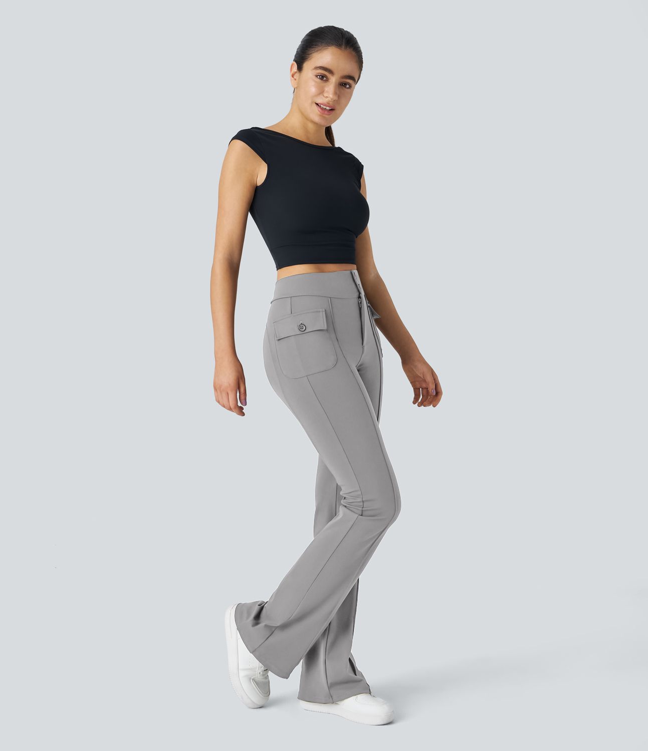 Pantalon cargo décontracté évasé taille haute avec poches à rabat latérales