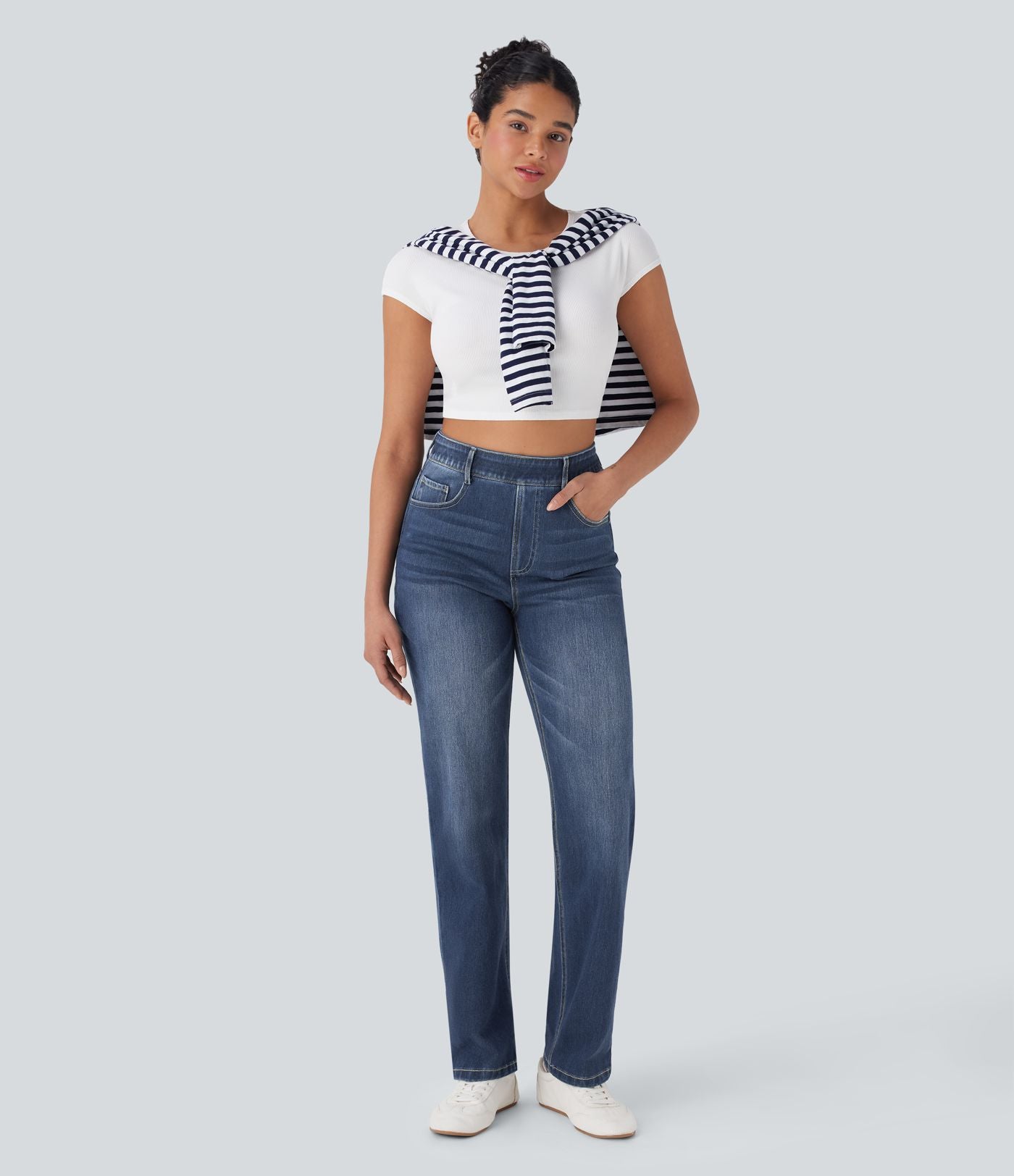 Halara Flex™ Jean casual délavé jambe droite taille haute gainant avec poches