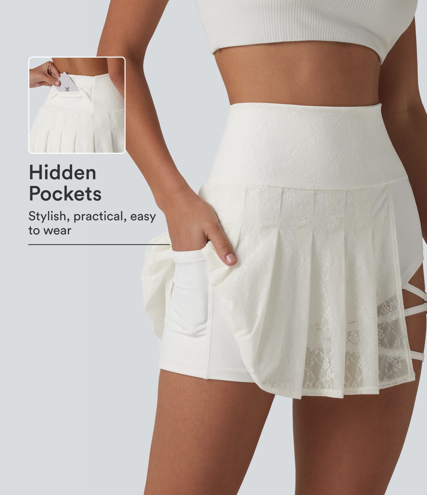 Jupe mini de danse 2-en-1 taille haute plissée dentelle contrastée ourlet asymétrique avec poches