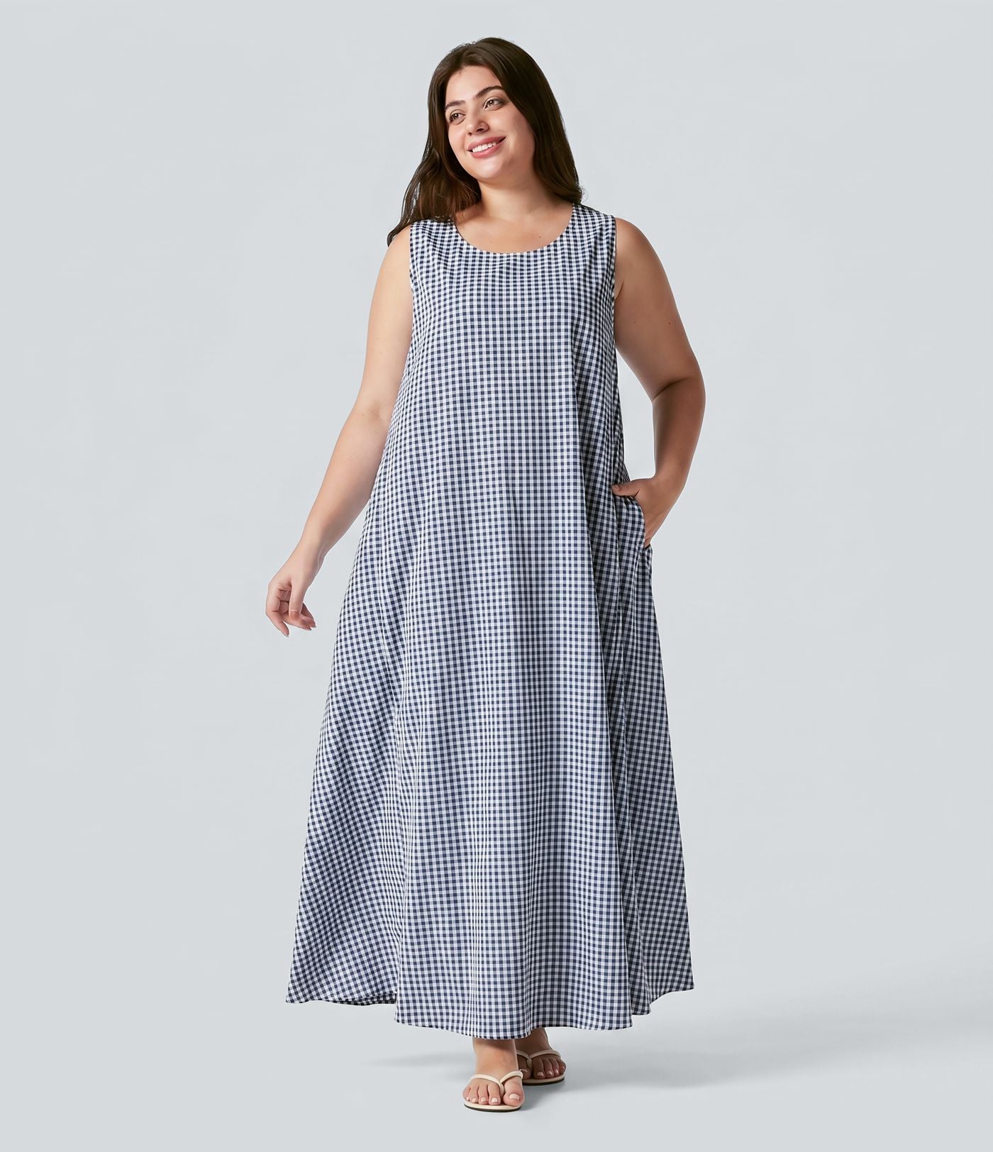 Robe débardeur midi sans manches col rond en vichy froissé grande taille à poches