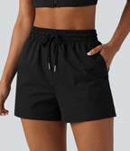 Short de sport baggy taille haute extensible en popeline avec cordon de serrage et poches