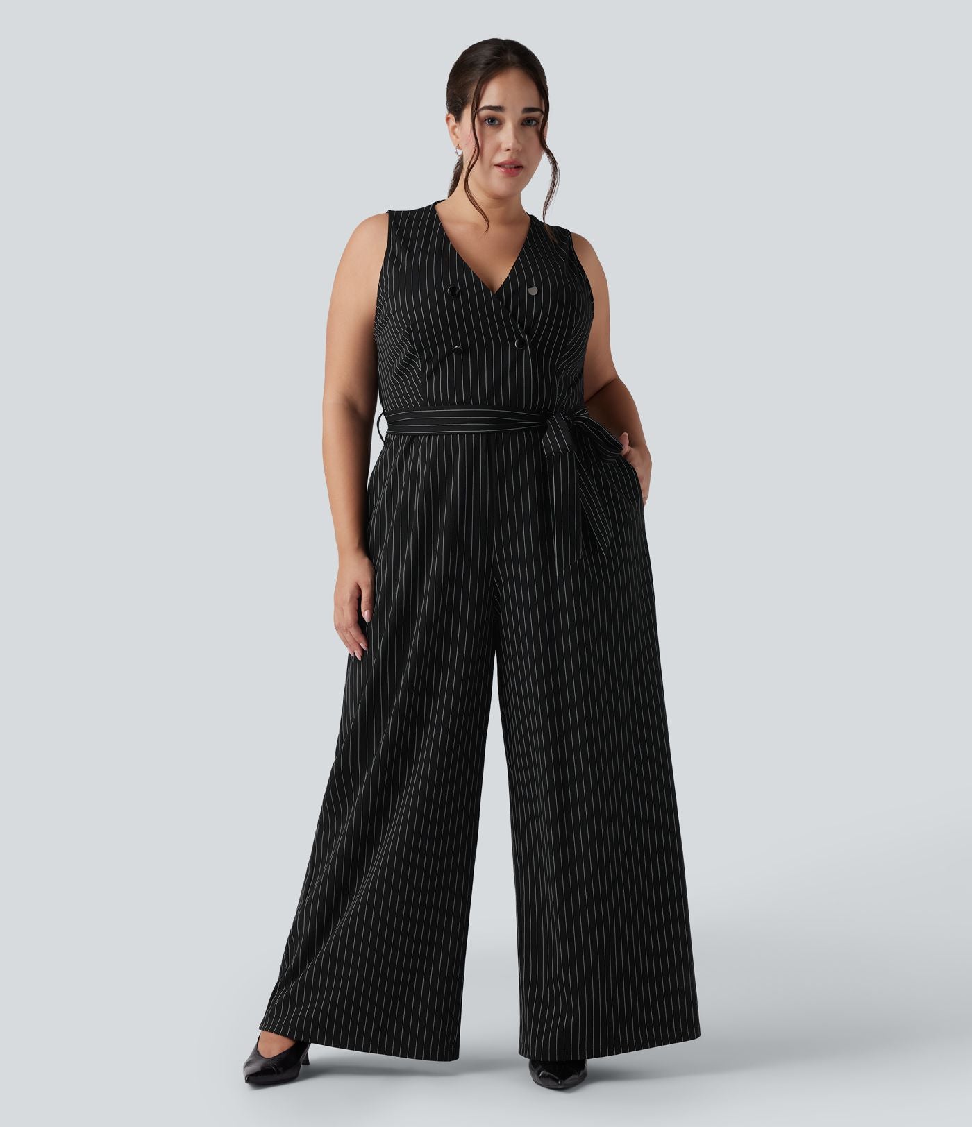 Combinaison grande taille col V sans manches ceinturée à rayures effet frais InstantCool avec poches, accès facile Easy Peasy