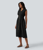 Robe tailleur midi col V sans manches fermeture éclair bidirectionnelle avec poches