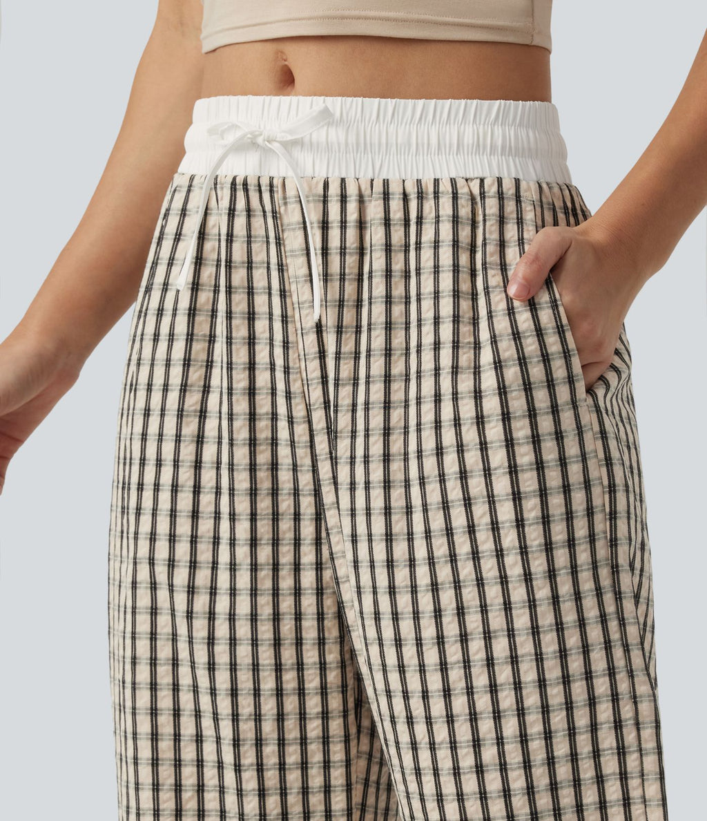Pantalon large décontracté à carreaux taille mi-haute avec cordon de serrage et poches