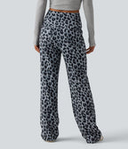 Pantalon large décontracté taille haute croisé imprimé léopard en tissu gaufré avec poches