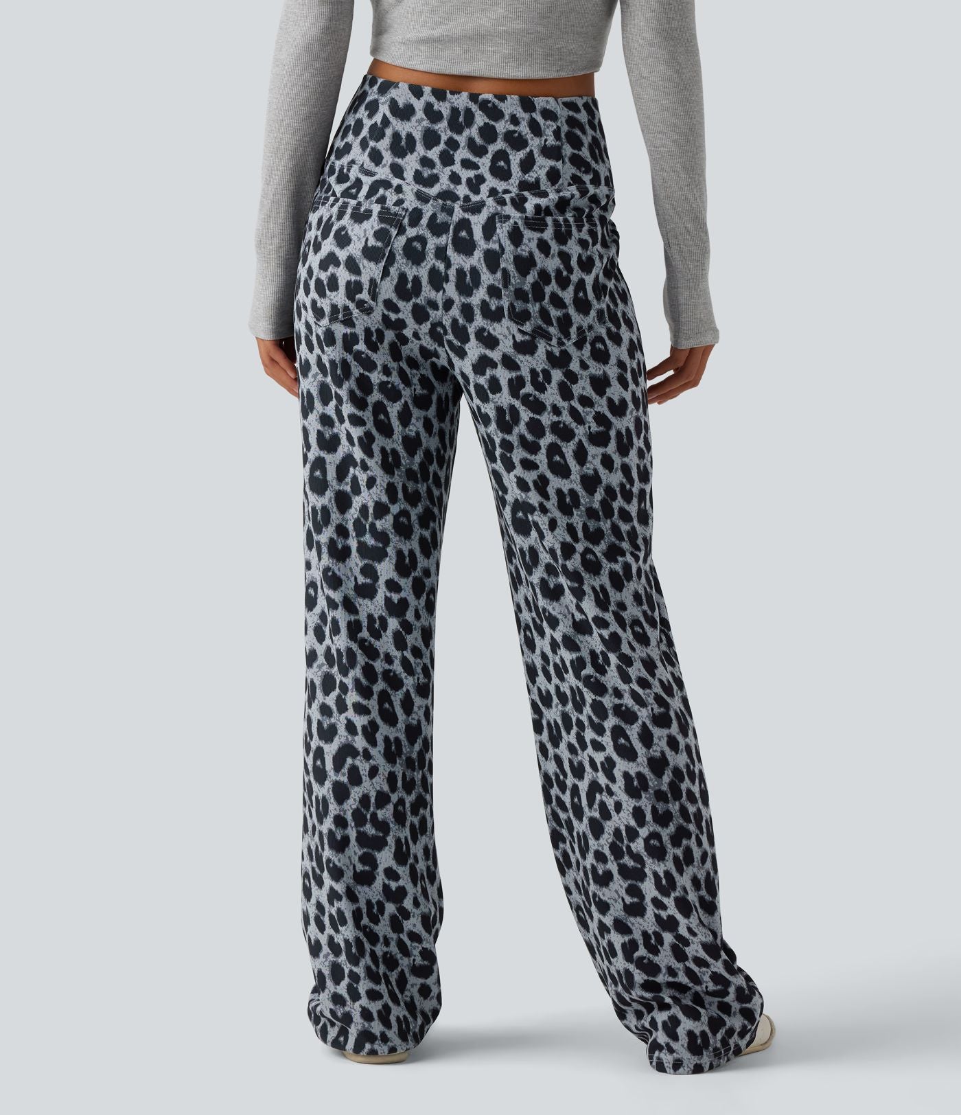 Pantalon large décontracté taille haute croisé imprimé léopard en tissu gaufré avec poches