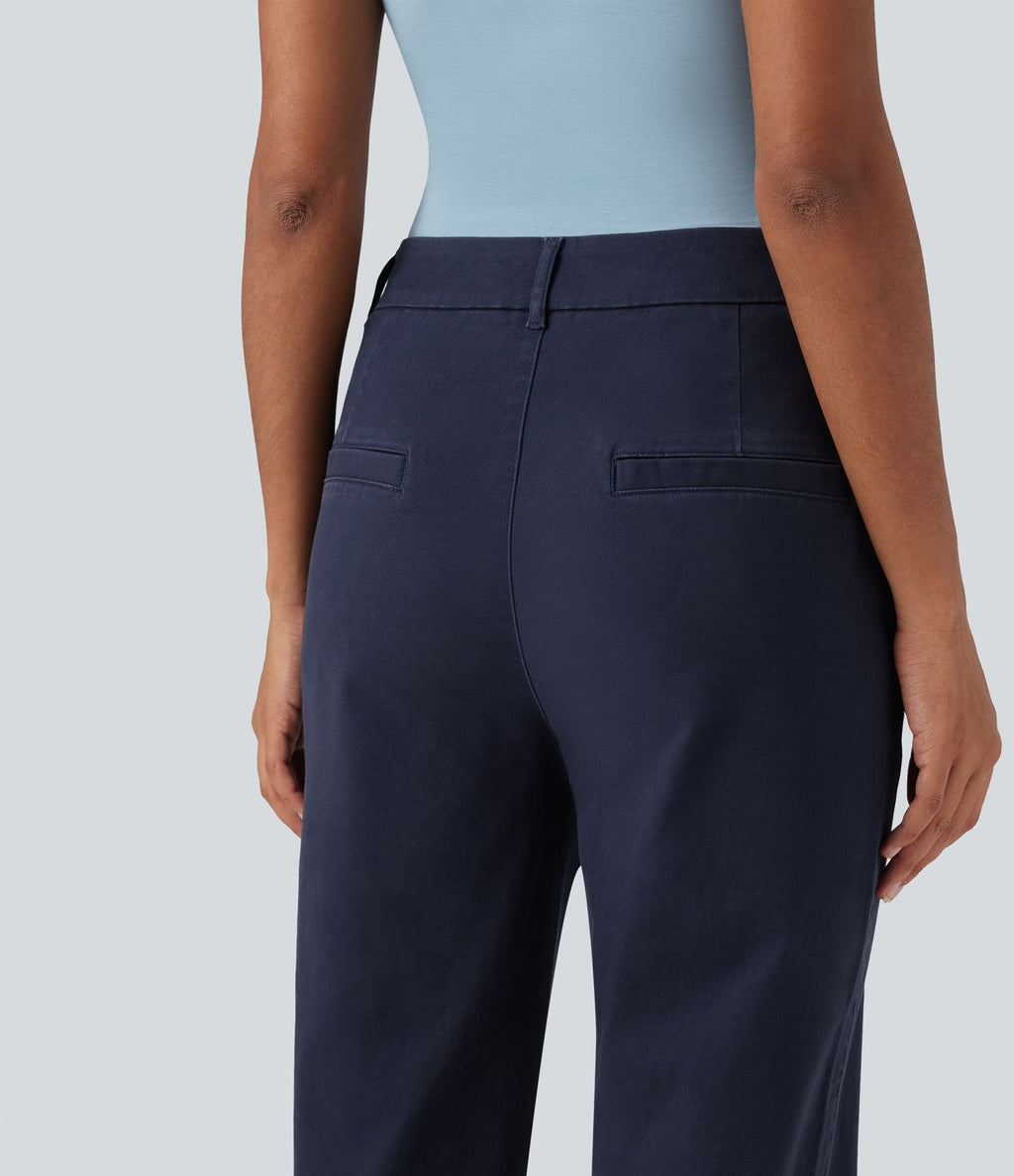 Pantalon coton fuselé taille mi-haute avec poches