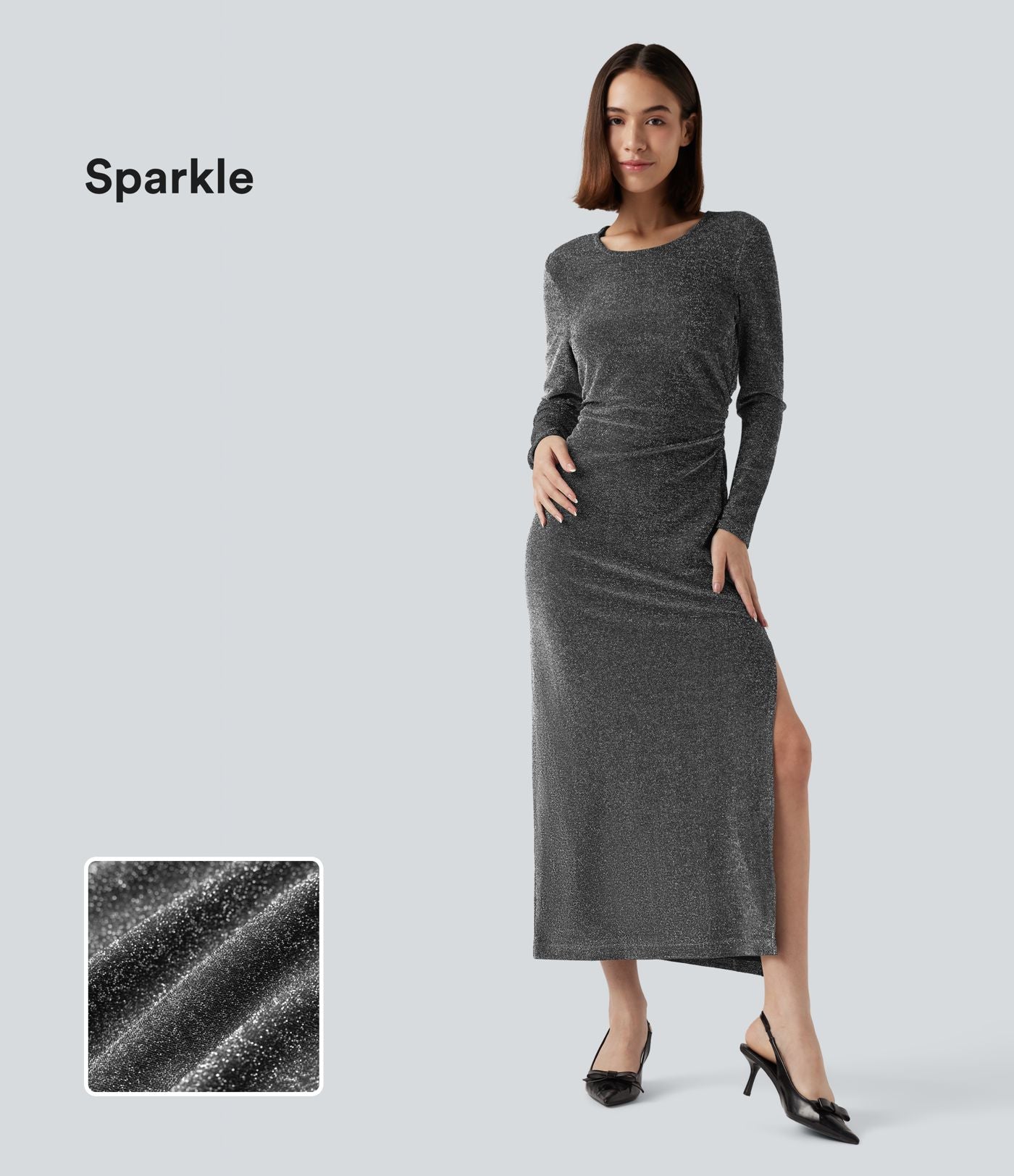 Robe midi fendue à manches longues, dos noué avec découpes, effet sparkle