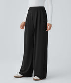 Pantalon taille haute décontracté large en maille gaufrée, avec poches