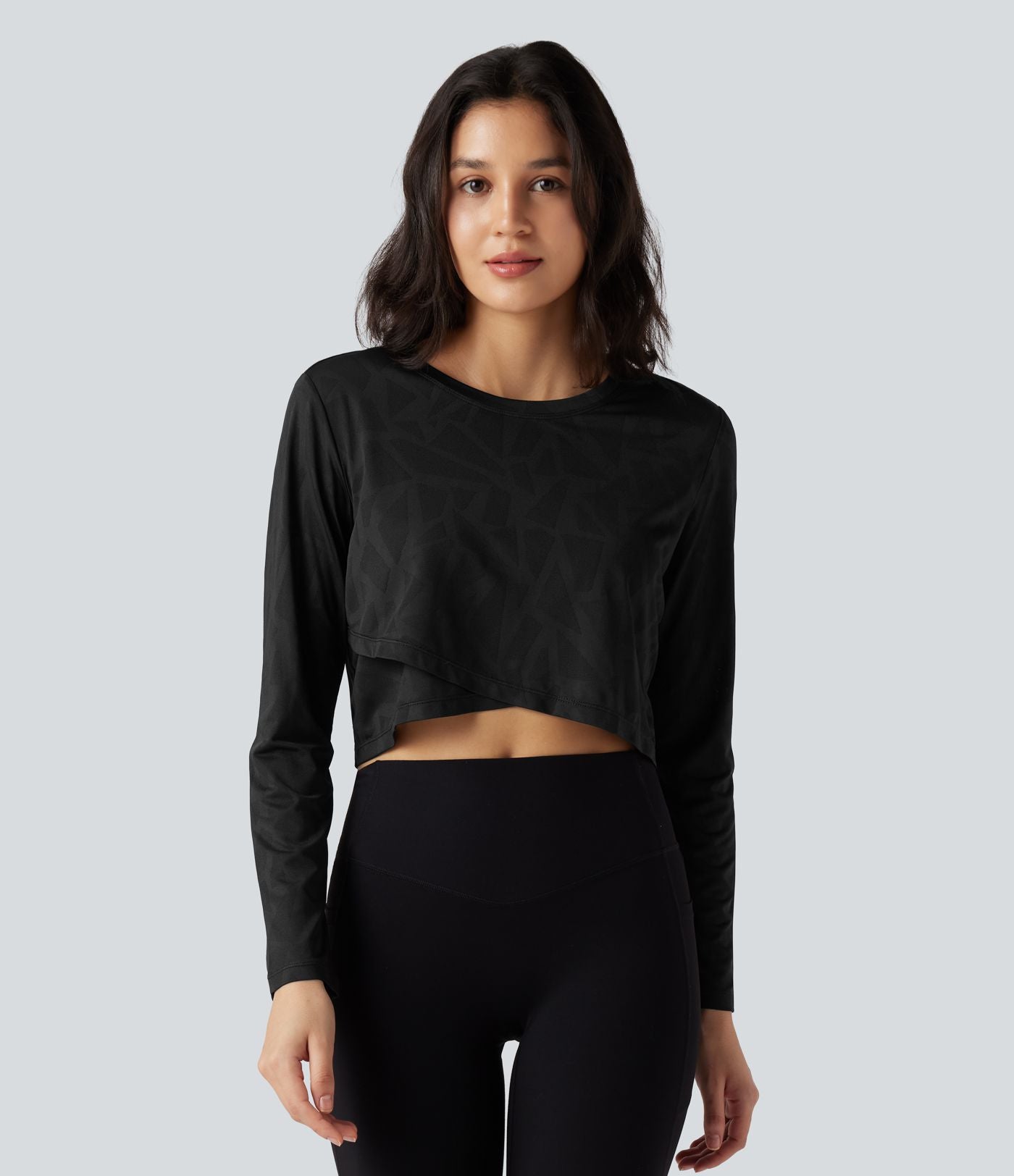 Top de sport yoga jacquard ourlet croisé col rond manches longues
