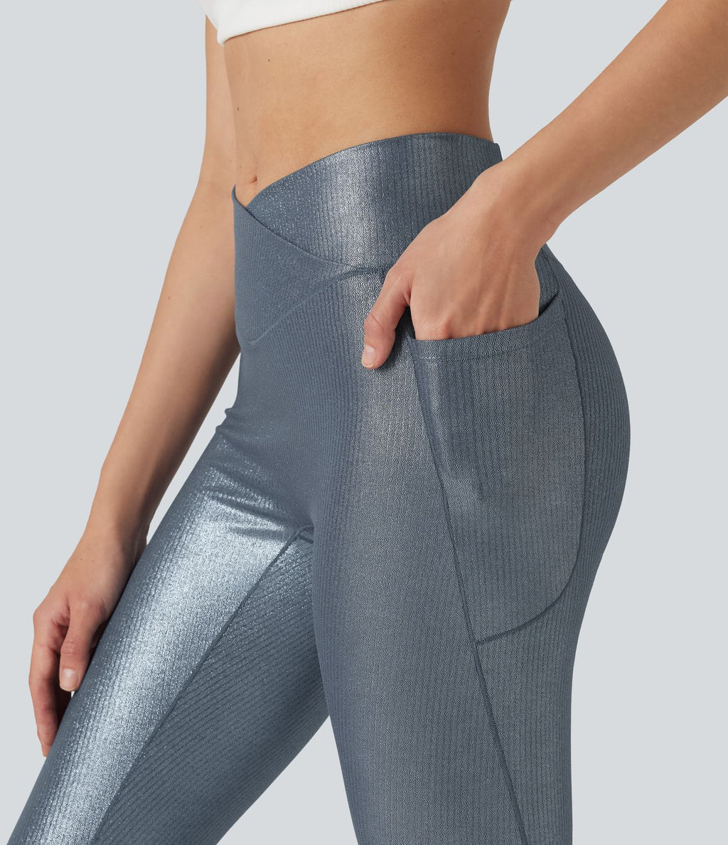 Legging de yoga en maille côtelée taille haute croisée avec imprimé métallisé et poches