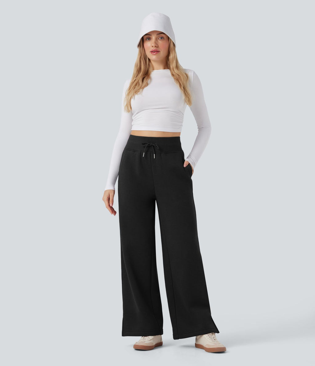 Pantalon jogging décontracté polaire taille haute jambe large avec cordon de serrage ourlet fendu et poches