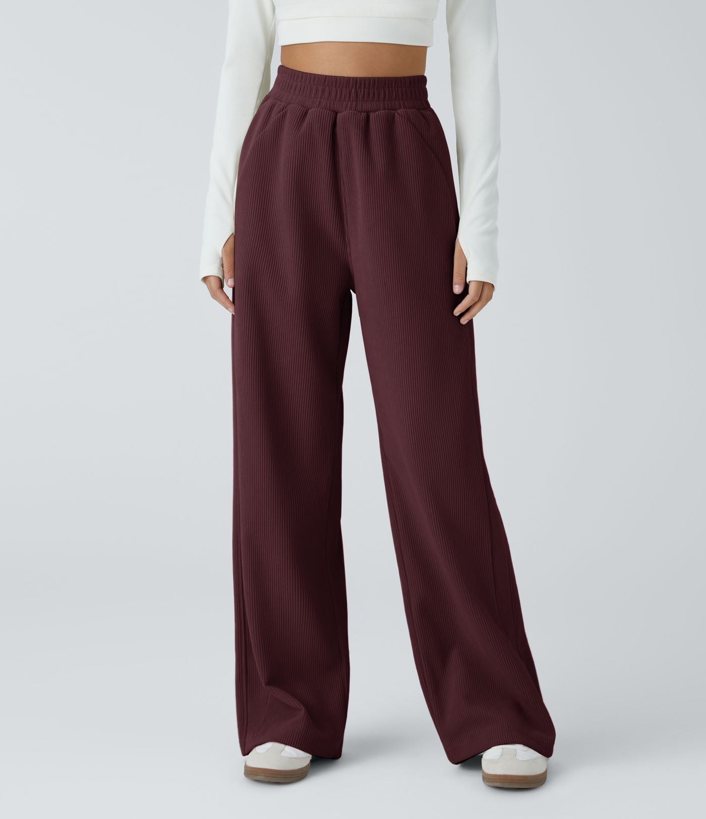 Pantalon velours côtelé de jogging décontracté à taille haute avec poches latérales