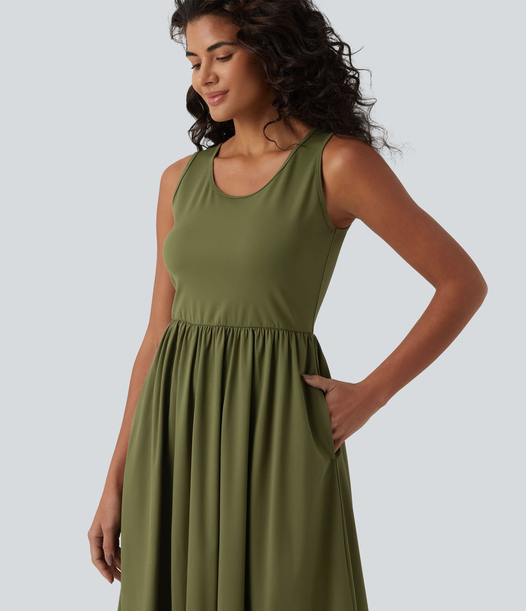 Robe longue fluide casual col U sans manches avec poches