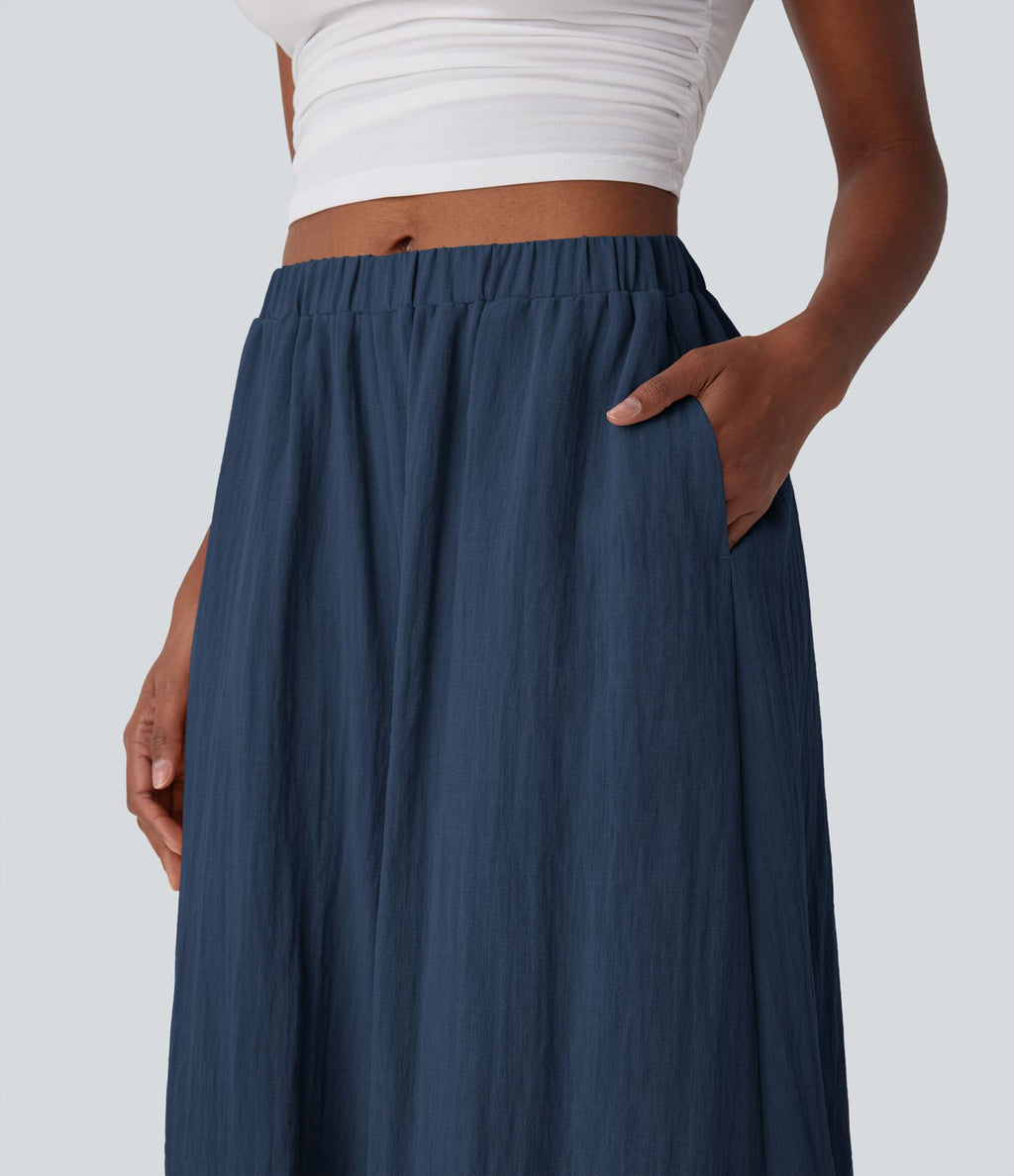 Pantalon fluide large taille mi-haute effet lin avec poche