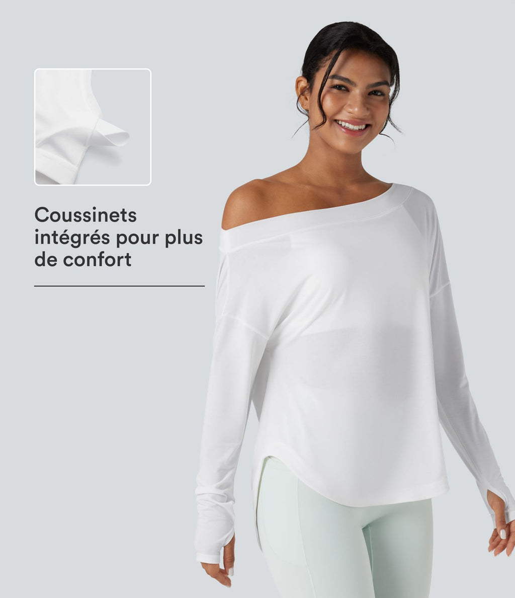 Top de sport yoga une épaule séchage rapide ourlet arrondi asymétrique manches longues avec trous pouces - Brassière intégrée