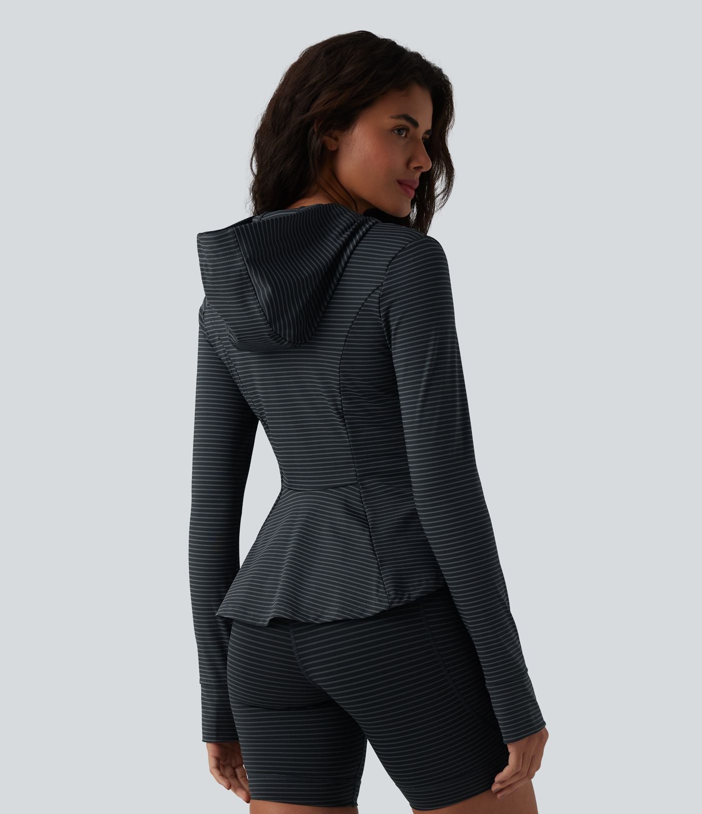 Veste de yoga à capuche manches longues avec trous pour pouces et rayures avec poches