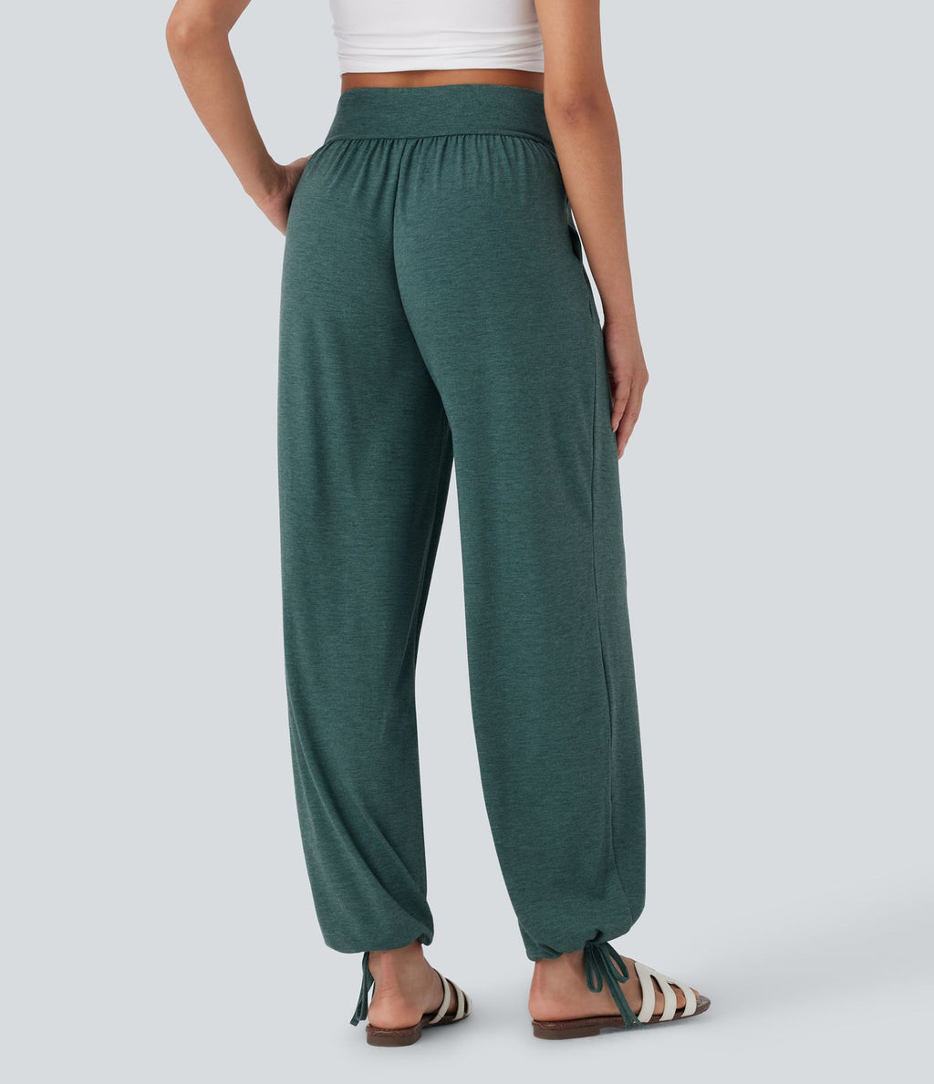 Pantalon de jogging décontracté à taille haute croisée avec poches latérales et cordon de serrage