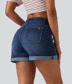 Short denim décontracté Halara Flex™ asymétrique délavé taille haute ourlet roulotté avec poches