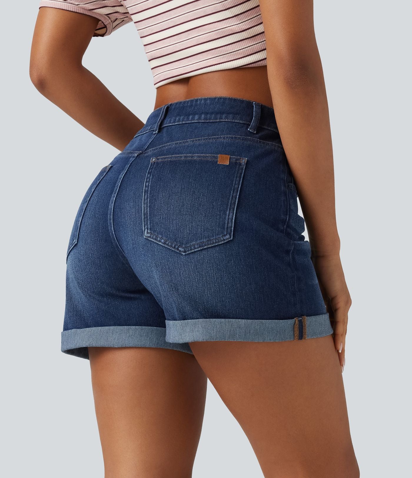 Short denim décontracté Halara Flex™ asymétrique délavé taille haute ourlet roulotté avec poches