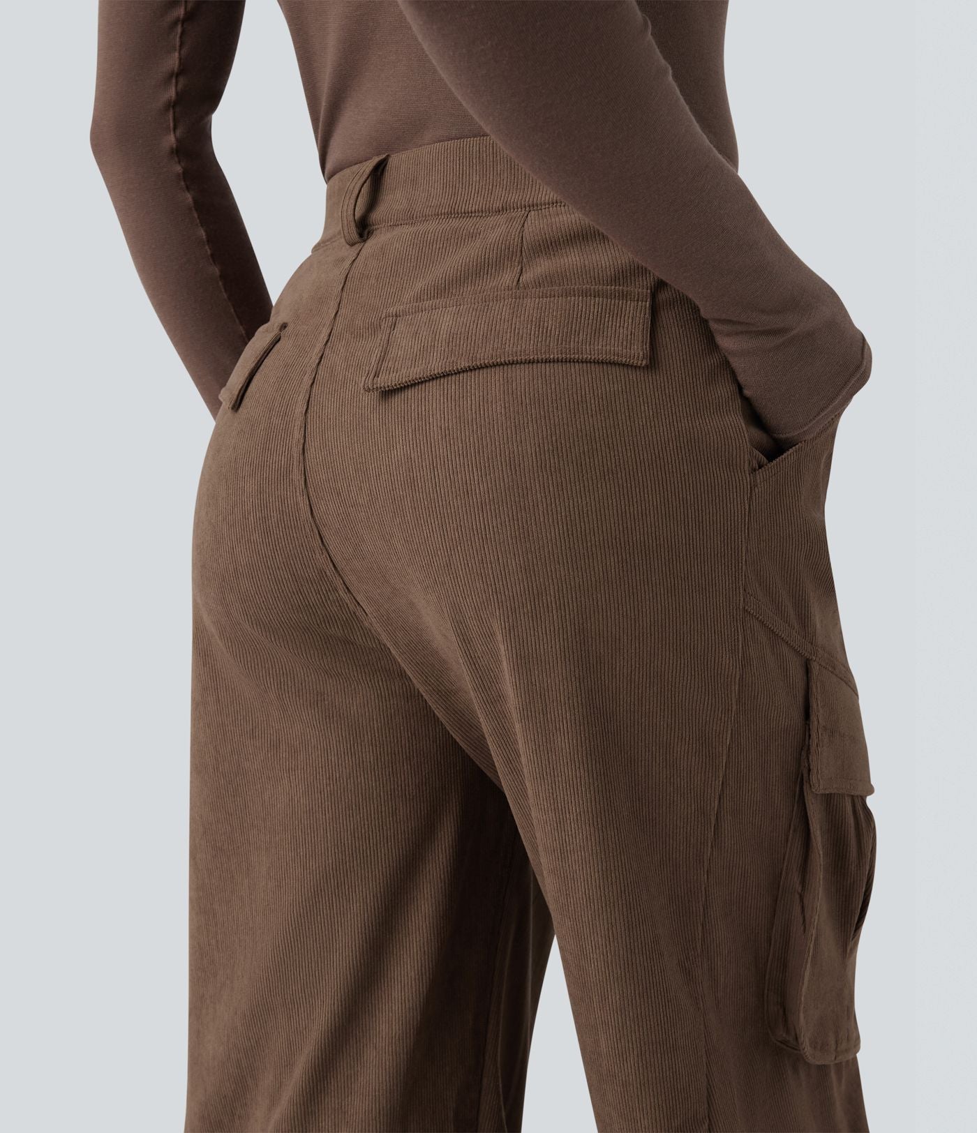 Pantalon cargo velours côtelé taille mi-haute avec poches
