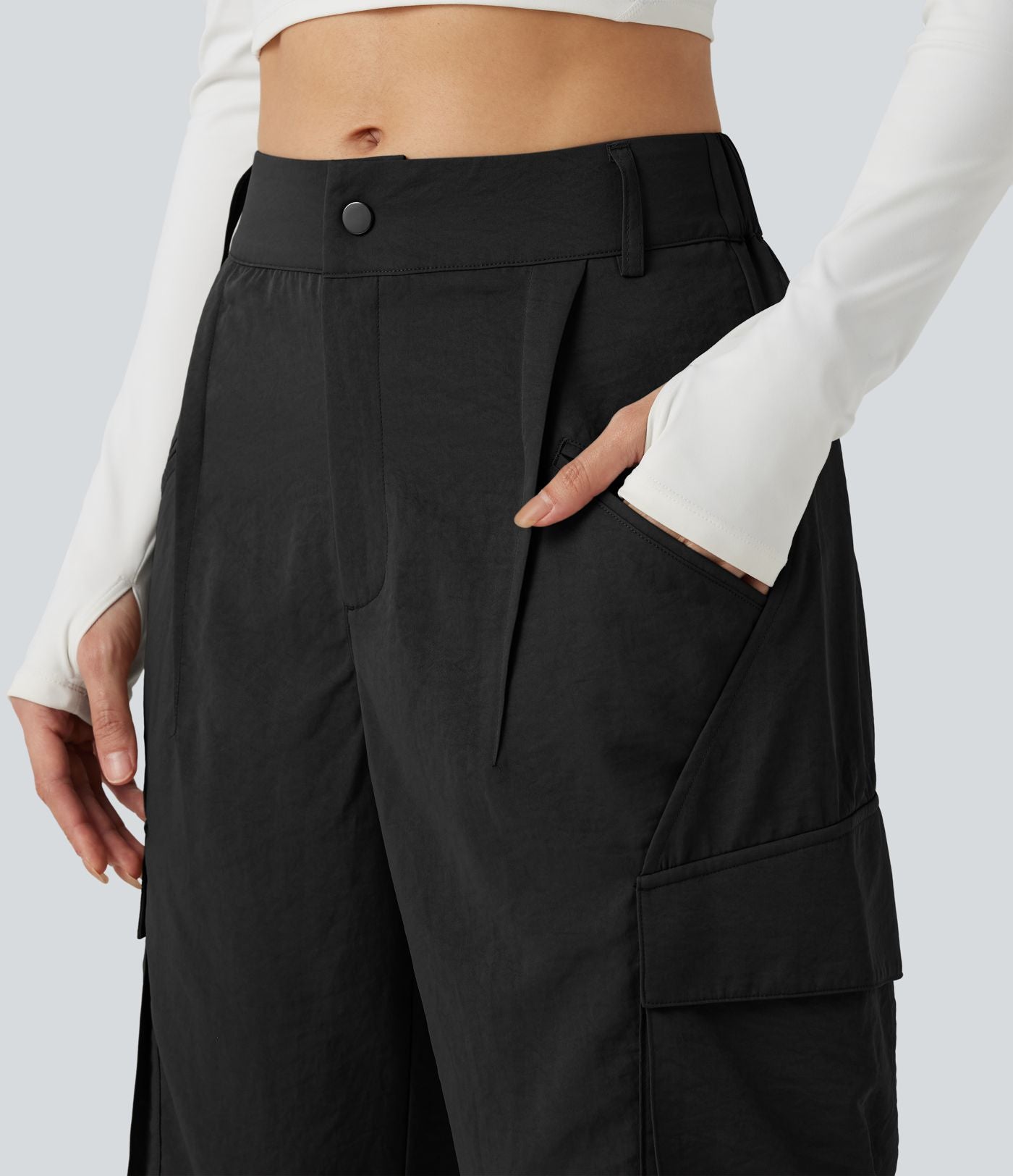 Jogging cargo décontracté, taille moyenne, à poches