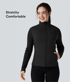 Veste matelassée décontractée à col montant et coupe ajustée, côtelée et contrastée, avec poches