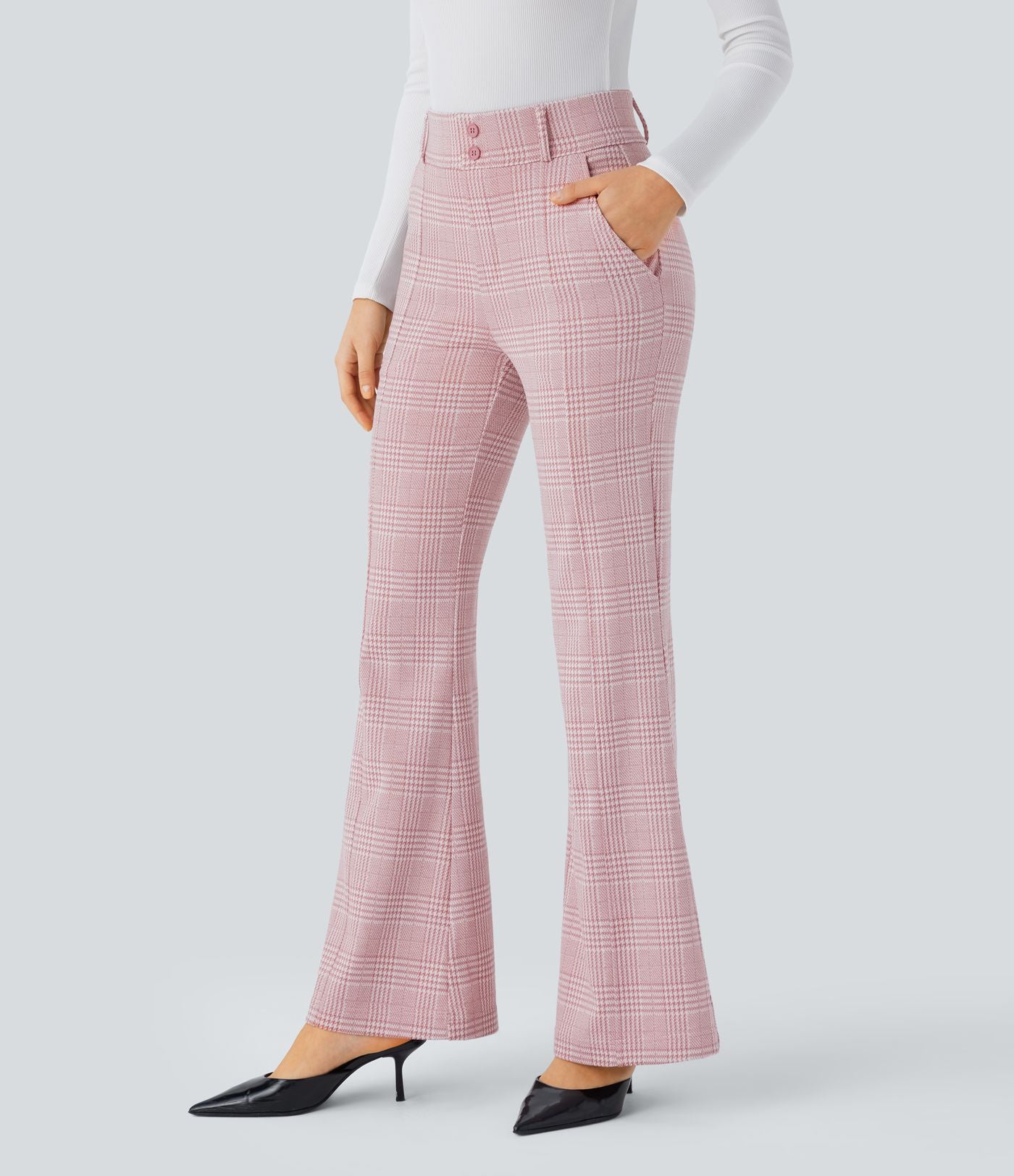 Halara Flex™ Pantalon tailleur évasé à carreaux pied-de-poule, taille haute avec boutons décoratifs et poches latérales