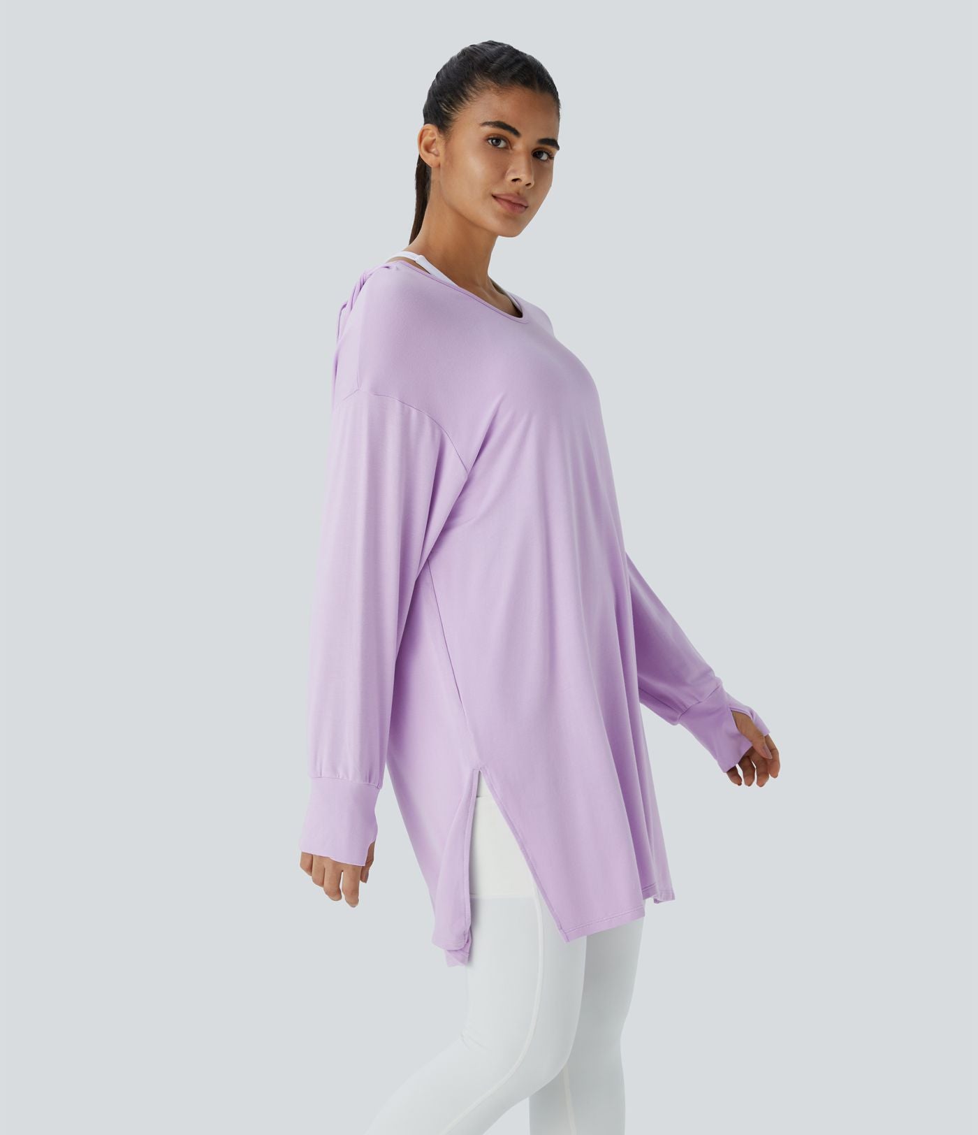 Sweatshirt Casual à Capuche Encolure en V Cordon de Serrage Trou pour le Pouce Fente et Coupe Longue