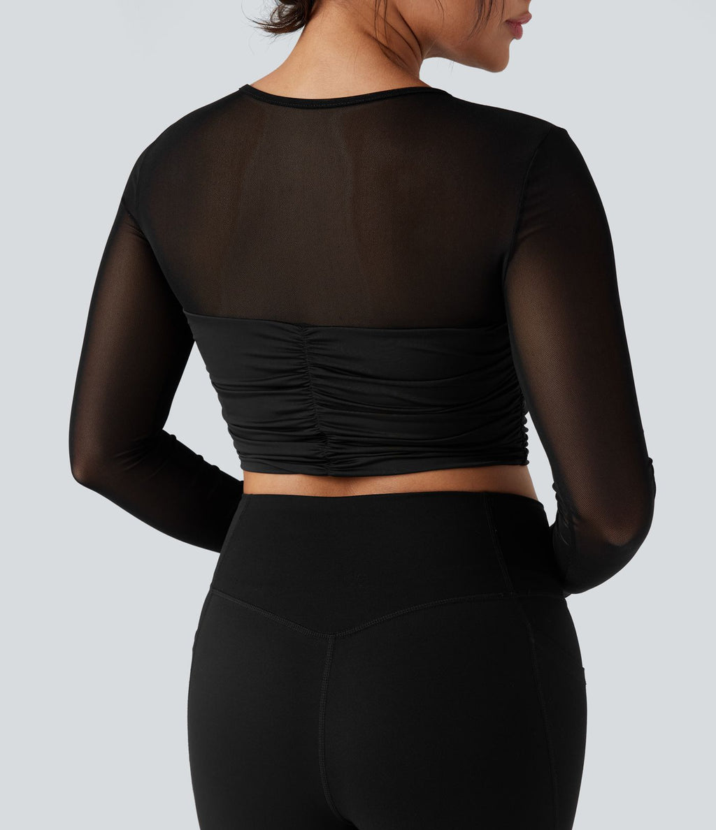 Top de sport yoga col rond manches longues froncé avec mesh contrastant