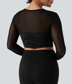 Top de sport yoga col rond manches longues froncé avec mesh contrastant