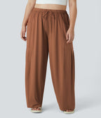 Pantalon Large Casual Taille Mi-Haute Taille Élastique Cordon Poches Latérales Ourlet Flottant Grande Taille