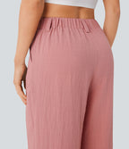 Pantalon décontracté palazzo capri uni effet lin, taille haute, large, avec poches
