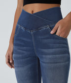 Halara Flex™ Jean Évasé à Taille Haute avec Poche Crossover Tissu Élastique Lavé
