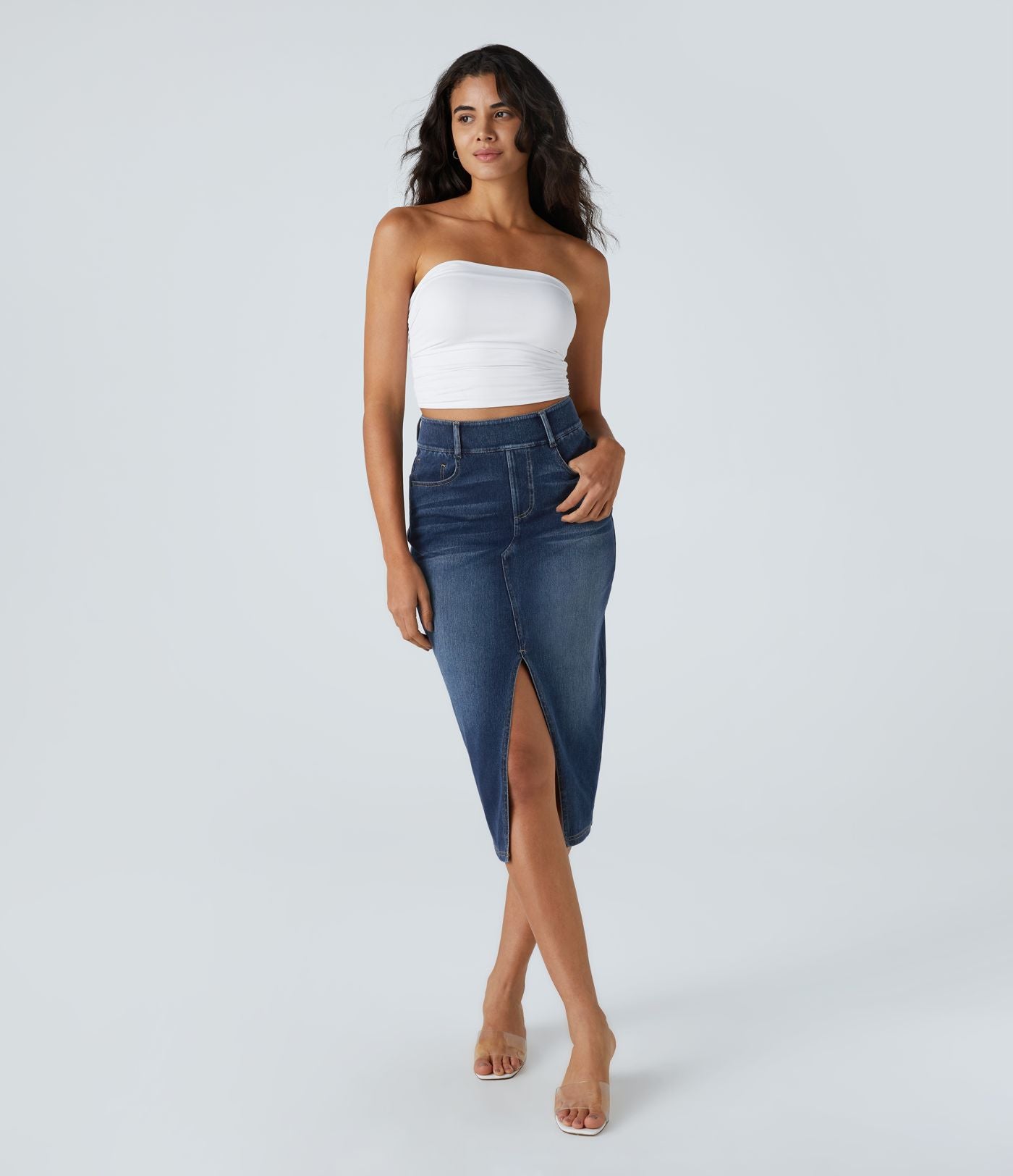 Halara Flex™ Jupe en Jean Casual Mi-Longue Délavé Extensible Plusieurs Poches Taille Haute