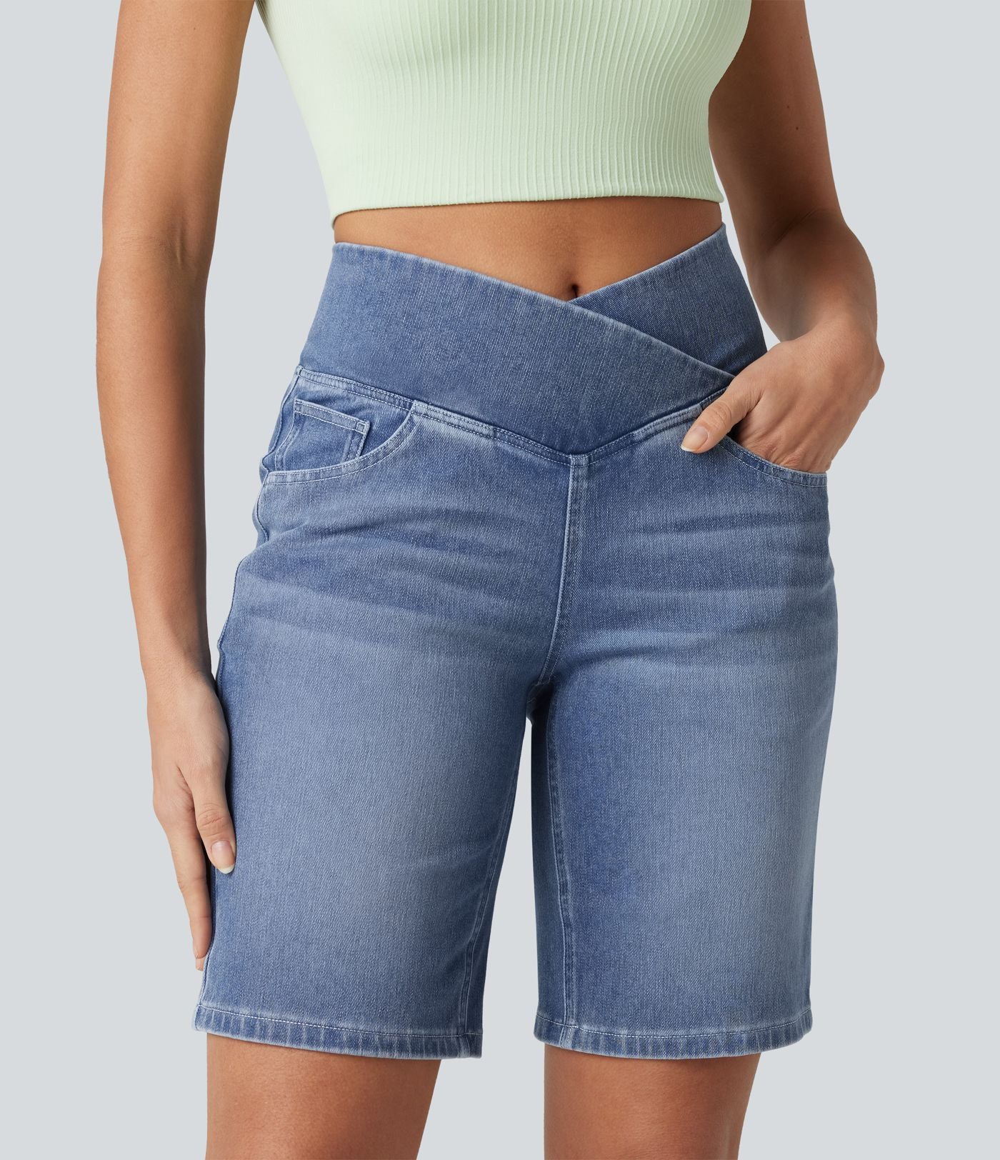Short en jean Halara Flex™ casual gainant taille haute croisée avec poches